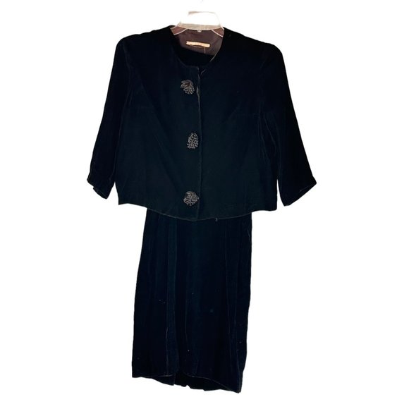Vintage 60s Velvet Suit Dress Small Party ILGWU USA Black Jacket Audrey Hepburn - Picture 1 of 15